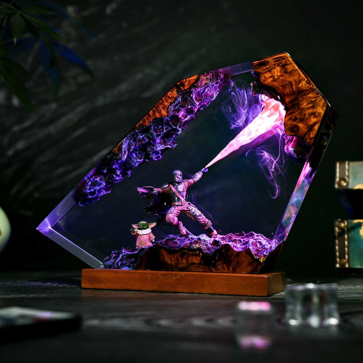 Resin lamp glowing in a dark room