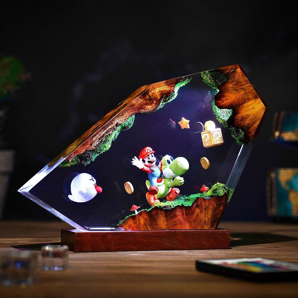 Resin lamp glowing in a dark room