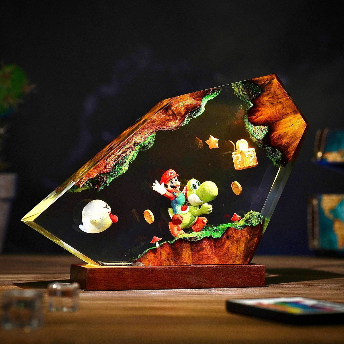 Pixel Quest Resin Lamp lit on a wood base