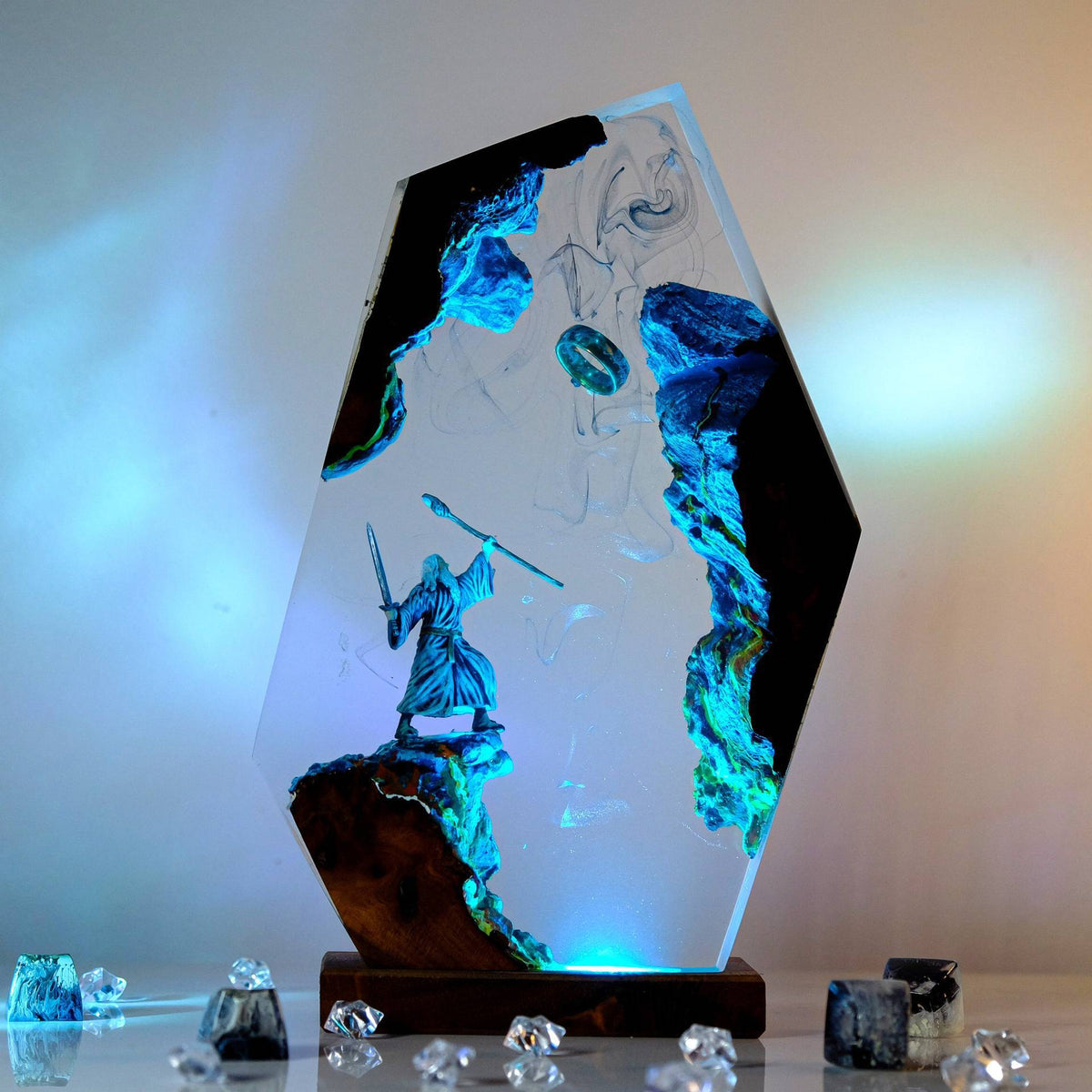 Side view showing the resin block and wood base
