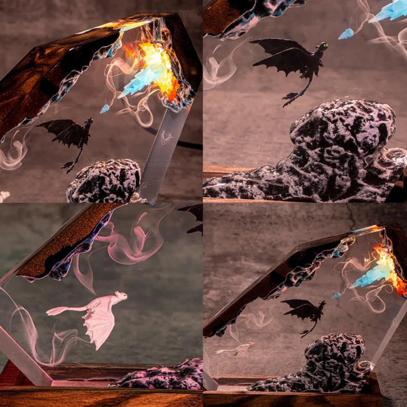 Close-up details of the hand-painted dragons, smoke trails and rock formation inside the epoxy resin