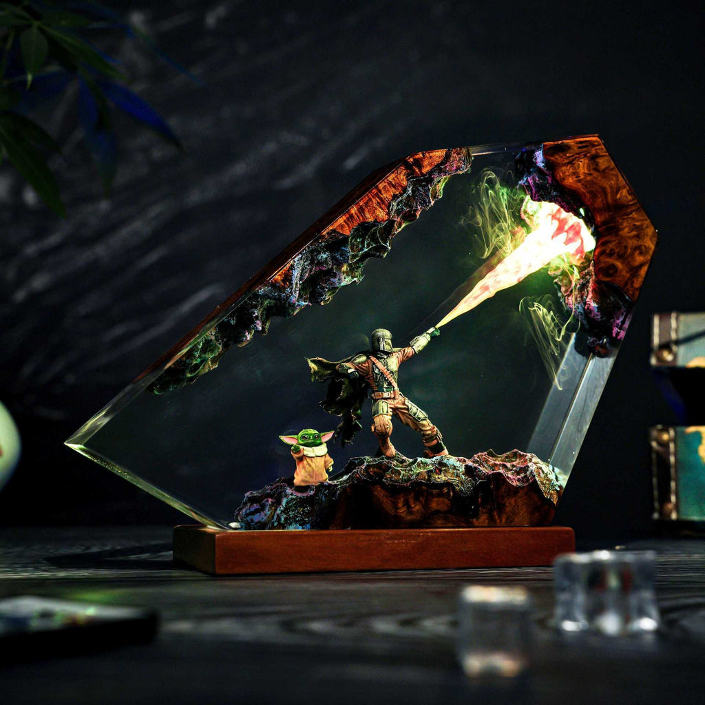 Detail of the figures set inside the clear epoxy