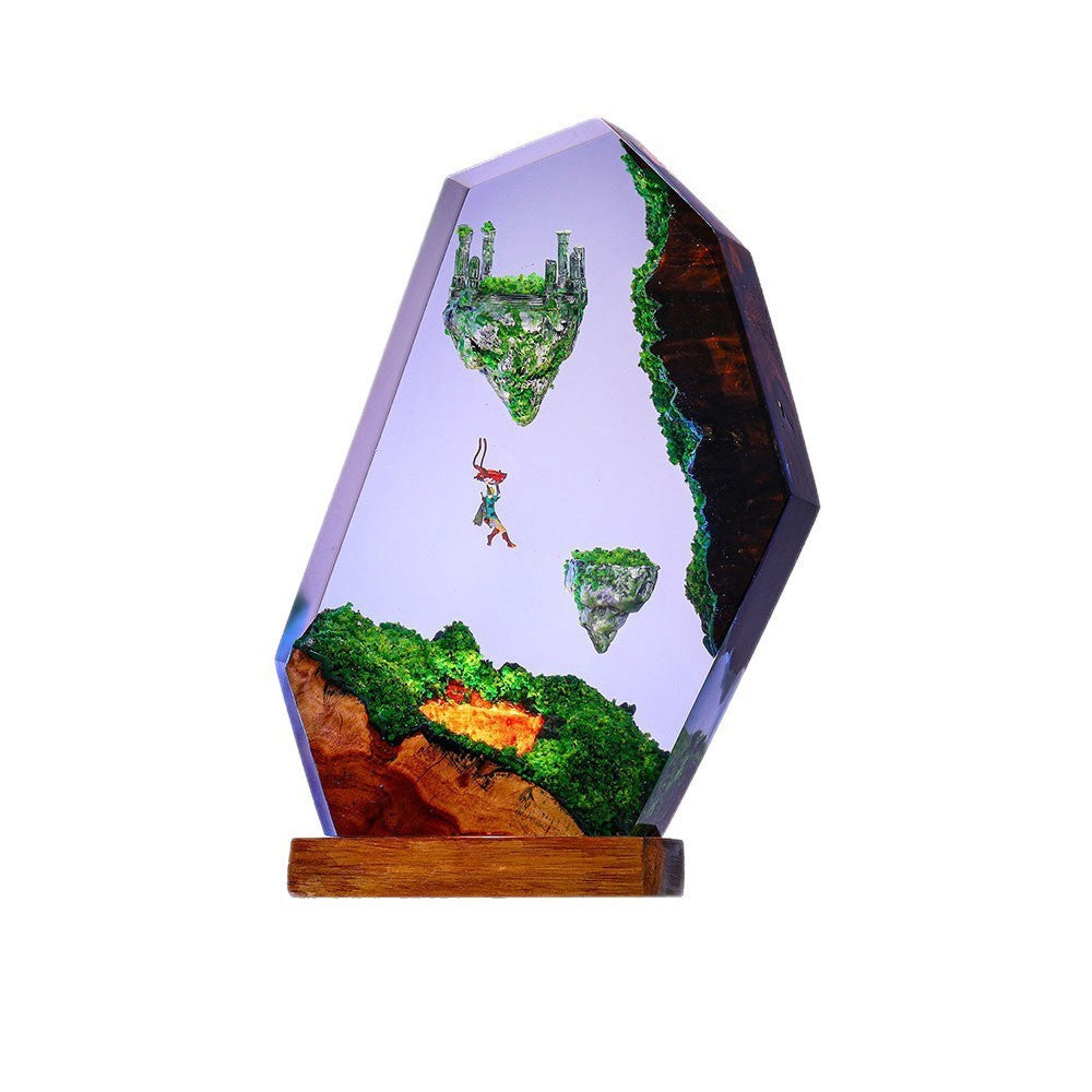 Sky Isles Resin Lamp on a white background showing the faceted resin block and wood base