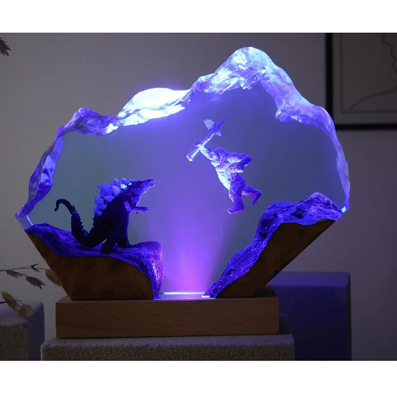 Titan Clash Resin Lamp glowing in a dark room