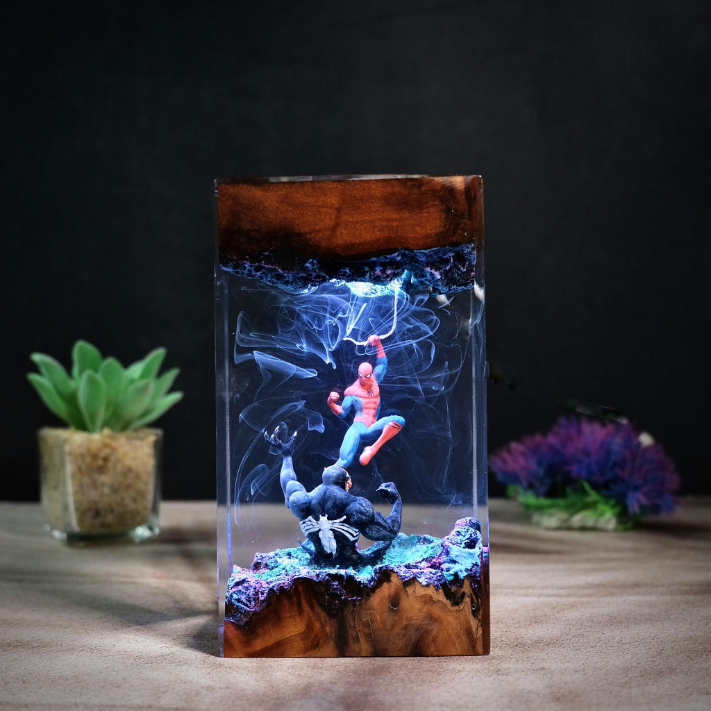 Resin lamp glowing in a dark room