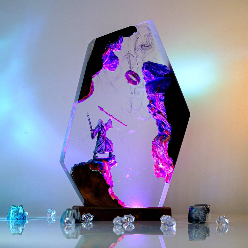 Resin lamp glowing in a dark room