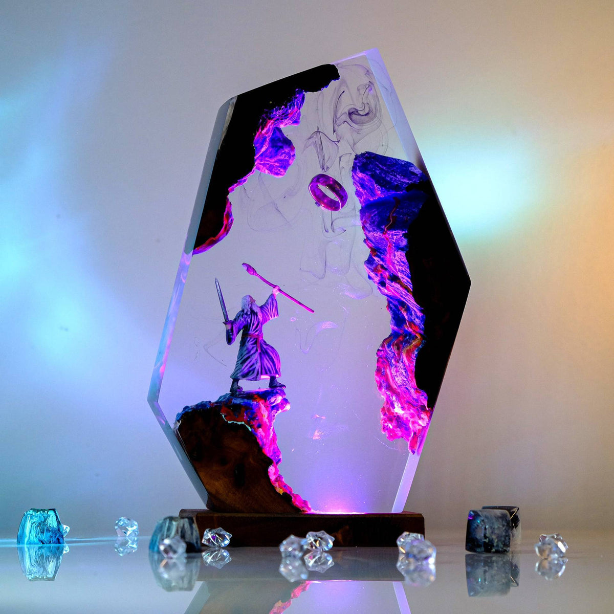 Resin lamp glowing in a dark room